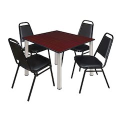 48 Square Breakroom Table- Mahogany Top, Chrome Legs, 4 Restaurant Stack Chairs