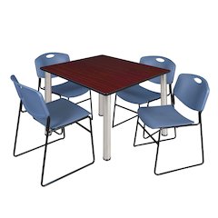 48 Square Breakroom Table- Mahogany Top, Chrome Legs, 4 Zeng Stack Chairs- Blue
