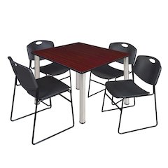 48 Square Breakroom Table- Mahogany Top, Chrome Legs, 4 Zeng Stack Chairs- Black
