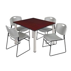 48 Square Breakroom Table- Mahogany Top, Chrome Legs, 4 Zeng Stack Chairs- Grey