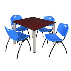 48 in Square Breakroom Table- Mahogany Top, Chrome Legs, 4 M Stack Chairs- Blue
