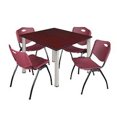 48 Square Breakroom Table- Mahogany Top, Chrome Legs, 4 M Stack Chairs- Burgundy