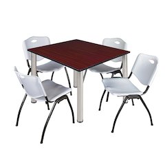 48 in Square Breakroom Table- Mahogany Top, Chrome Legs, 4 M Stack Chairs- Grey