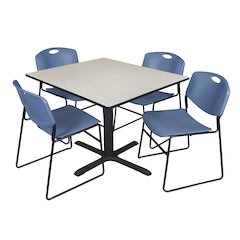 48 in. Square X-Base Breakroom Table- Maple & 4 Zeng Stack Chairs- Blue