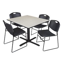48 in. Square X-Base Breakroom Table- Maple & 4 Zeng Stack Chairs- Black