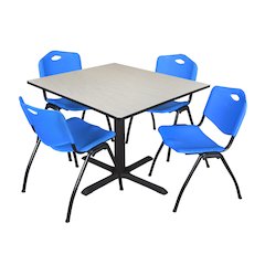 48 in. Square X-Base Breakroom Table- Maple & 4 M Stack Chairs- Blue