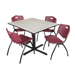48 in. Square X-Base Breakroom Table- Maple & 4 M Stack Chairs- Burgundy