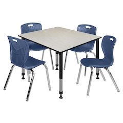 48 Square Adjustable Classroom Table- Maple & 4 Andy 18 Stack Chairs- Blue