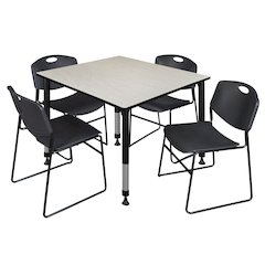 48 in. Square Adjustable Classroom Table- Maple & 4 Zeng Stack Chairs- Black