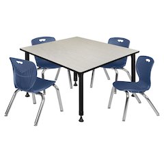 48 Square Adjustable Classroom Table- Maple & 4 Andy 12 Stack Chairs- Blue