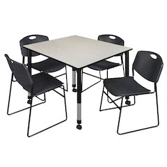48 Square Mobile Adjustable Classroom Table- Maple & 4 Zeng Stack Chairs- Black
