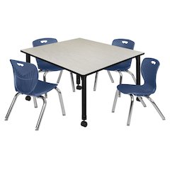 48 Square Mobile Classroom Table- Maple & 4 4 Andy 12 Stack Chairs- Blue
