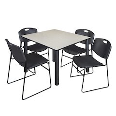 48 in Square Breakroom Table- Maple Top, Black Legs, 4 Zeng Stack Chairs- Black