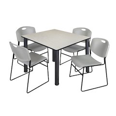 48 in Square Breakroom Table- Maple Top, Black Legs, 4 Zeng Stack Chairs- Grey