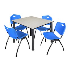 48 in Square Breakroom Table- Maple Top, Black Legs, 4 M Stack Chairs- Blue