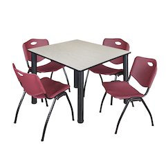 48 in Square Breakroom Table- Maple Top, Black Legs, 4 M Stack Chairs- Burgundy