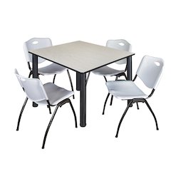 48 in Square Breakroom Table- Maple Top, Black Legs, 4 M Stack Chairs- Grey