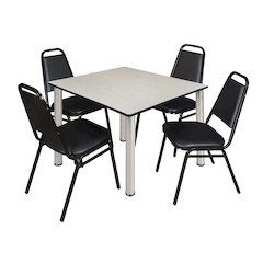48 in Square Breakroom Table- Maple Top, Chrome Legs, 4 Restaurant Stack Chairs