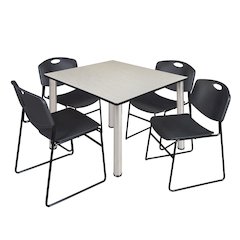 48 in Square Breakroom Table- Maple Top, Chrome Legs, 4 Zeng Stack Chairs- Black
