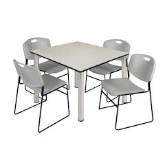 48 in Square Breakroom Table- Maple Top, Chrome Legs, 4 Zeng Stack Chairs- Grey