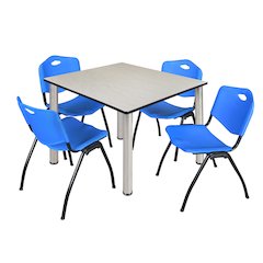 48 in Square Breakroom Table- Maple Top, Chrome Legs, 4 M Stack Chairs- Blue