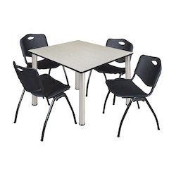 48 in Square Breakroom Table- Maple Top, Chrome Legs, 4 M Stack Chairs- Black
