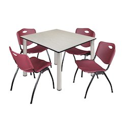 48 in Square Breakroom Table- Maple Top, Chrome Legs, 4 M Stack Chairs- Burgundy