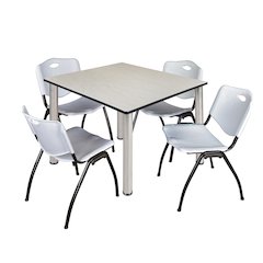 48 in Square Breakroom Table- Maple Top, Chrome Legs, 4 M Stack Chairs- Grey