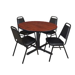 48 in. Round X-Base Breakroom Table- Cherry & 4 Restaurant Stack Chairs- Black