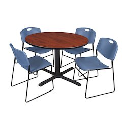 48 in. Round X-Base Breakroom Table- Cherry & 4 Zeng Stack Chairs- Blue