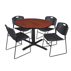 48 in. Round X-Base Breakroom Table- Cherry & 4 Zeng Stack Chairs- Black