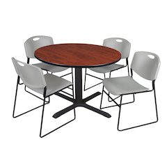 48 in. Round X-Base Breakroom Table- Cherry & 4 Zeng Stack Chairs- Grey