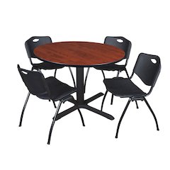 48 in. Round X-Base Breakroom Table- Cherry & 4 M Stack Chairs- Black