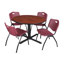 48 in. Round X-Base Breakroom Table- Cherry & 4 M Stack Chairs- Burgundy