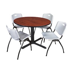 48 in. Round X-Base Breakroom Table- Cherry & 4 M Stack Chairs- Grey