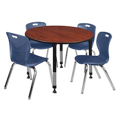 48 Round Adjustable Classroom Table- Cherry & 4 Andy 18 Stack Chairs- Blue