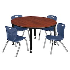 48 Round Adjustable Classroom Table- Cherry & 4 Andy 12 Stack Chairs- Blue