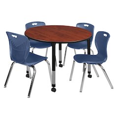 48 Round Adjustable Classroom Table- Cherry & 4 Andy 18 Stack Chairs- Blue