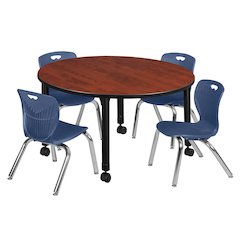 48 Round Adjustable Classroom Table- Cherry & 4 Andy 12 Stack Chairs- Blue