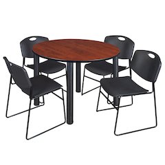 48 in Round Breakroom Table- Cherry Top, Black Legs, 4 Zeng Stack Chairs- Black