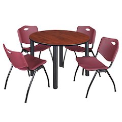 48 in Round Breakroom Table- Cherry Top, Black Legs, 4 M Stack Chairs- Burgundy