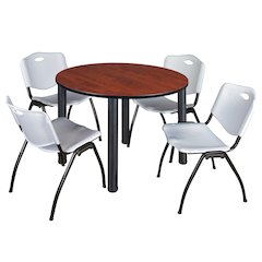 48 in Round Breakroom Table- Cherry Top, Black Legs, 4 M Stack Chairs- Grey
