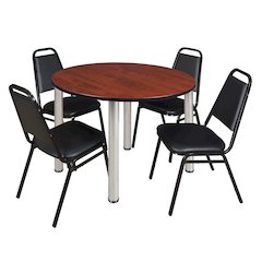 48 in Round Breakroom Table- Cherry Top, Chrome Legs, 4 Restaurant Stack Chairs