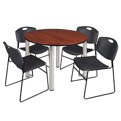 48 in Round Breakroom Table- Cherry Top, Chrome Legs, 4 Zeng Stack Chairs- Black