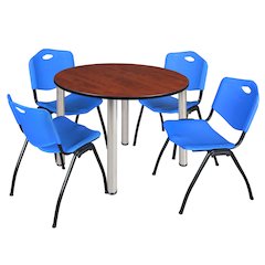 48 in Round Breakroom Table- Cherry Top, Chrome Legs, 4 M Stack Chairs- Blue