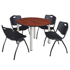 48 in Round Breakroom Table- Cherry Top, Chrome Legs, 4 M Stack Chairs- Black