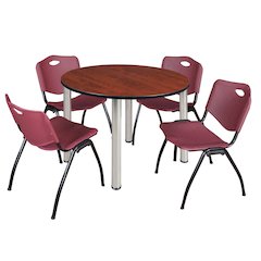 48 in Round Breakroom Table- Cherry Top, Chrome Legs, 4 M Stack Chairs- Burgundy