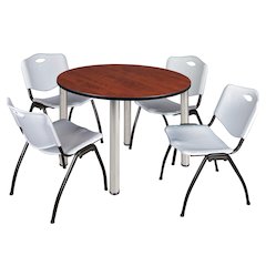 48 in Round Breakroom Table- Cherry Top, Chrome Legs, 4 M Stack Chairs- Grey