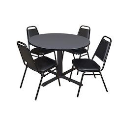 48 in. Round X-Base Breakroom Table- Grey & 4 Restaurant Stack Chairs- Black