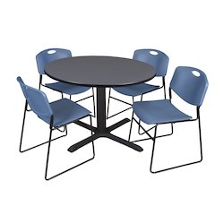 48 in. Round X-Base Breakroom Table- Grey & 4 Zeng Stack Chairs- Blue